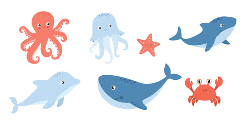 Obraz premium Cute sea animals set, cartoon ocean character isolated illustration, hand drawn vector clipart for kids