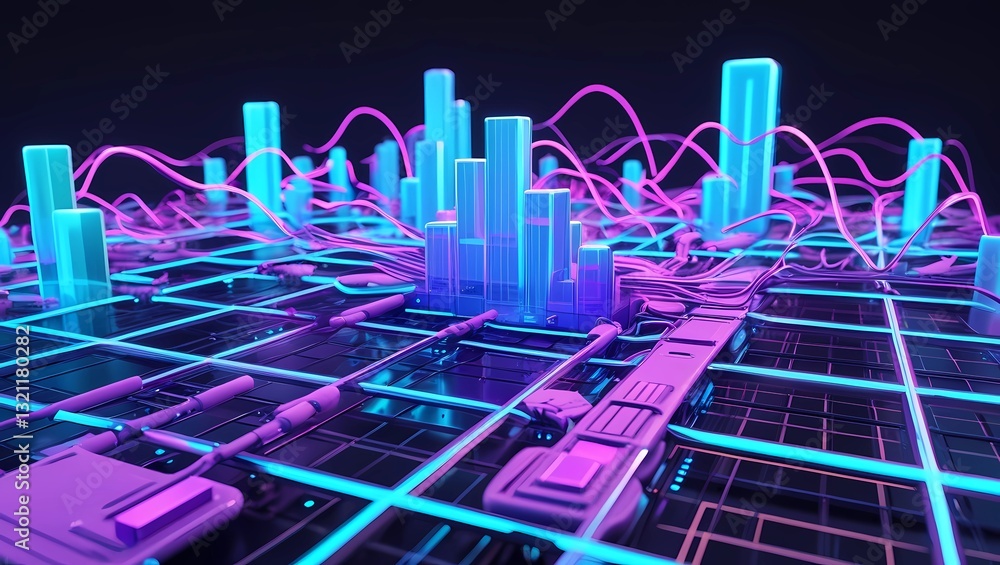 Aufkleber abstract digital illustration featuring glowing blue and purple data streams flowing through a 3d ne