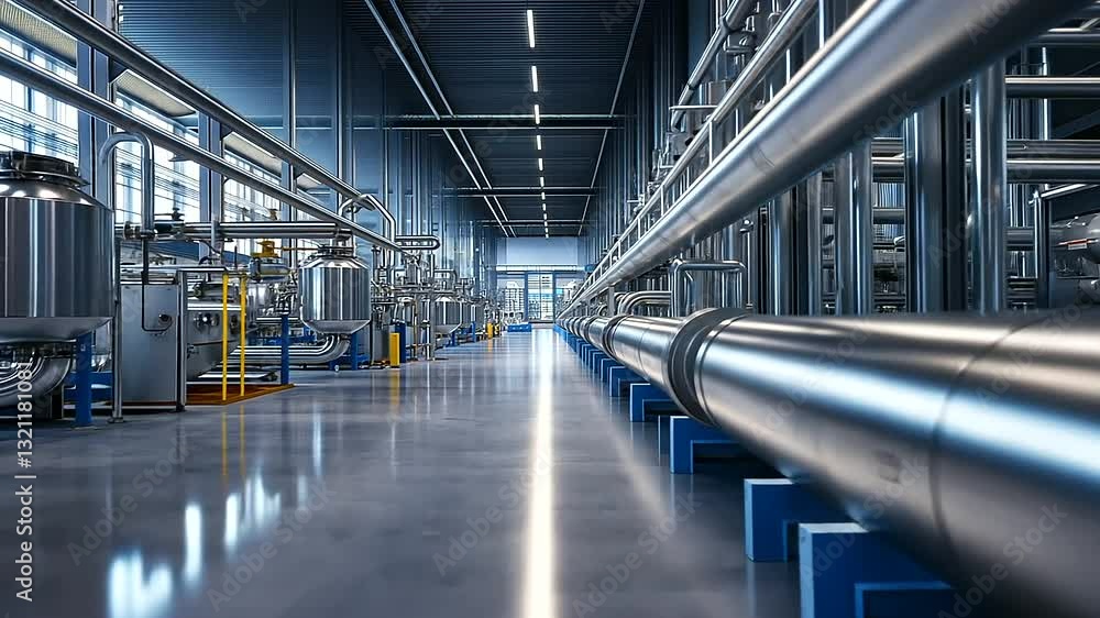 Poster a hyper-realistic factory where pipes and ducts are prominently featured, connecting automated syste