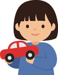 Child holding a red toy car in a flat and minimal vector art style