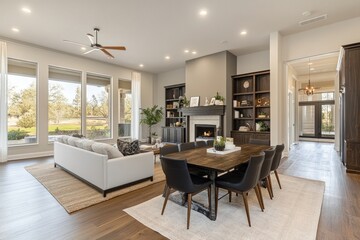 Modern Farmhouse Open Concept Dining & Living Room with Fireplace & Patio Views