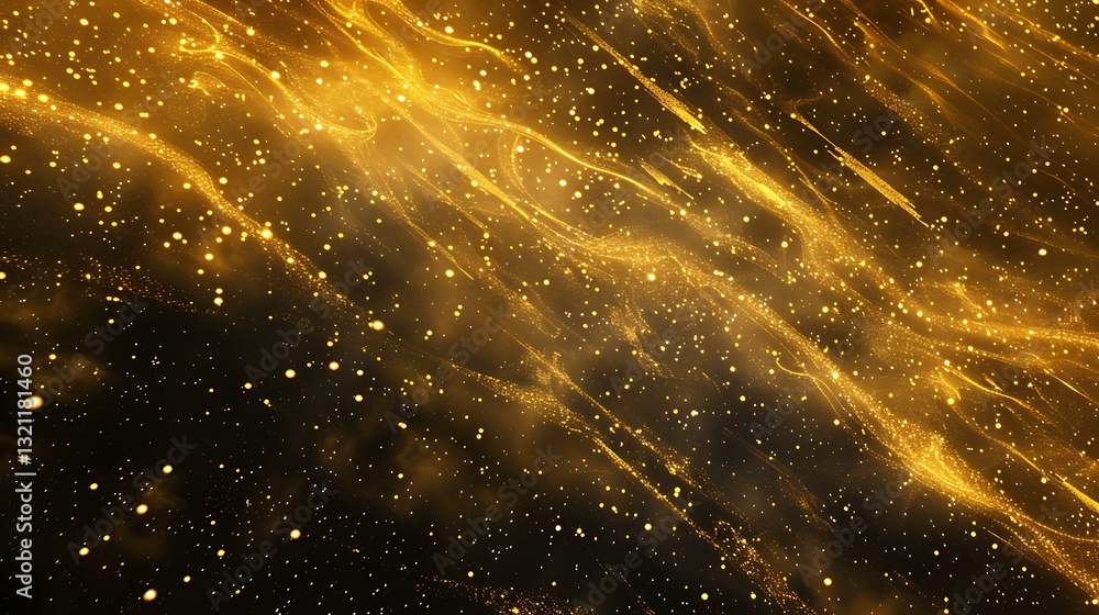 Poster golden abstract background with shimmering particles and light trails in motion for creative design 
