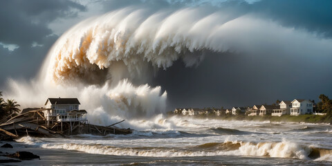 A massive wave crashes over beachfront houses during a powerful hurricane, causing devastation.