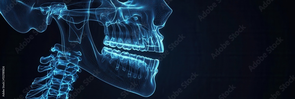 Poster detailed x-ray blueprint of a jawbone with implants showcasing skeletal outlines and dental precisio
