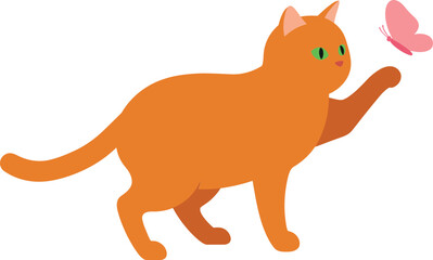 Orange cat interacting with a pink butterfly in a flat vector illustration