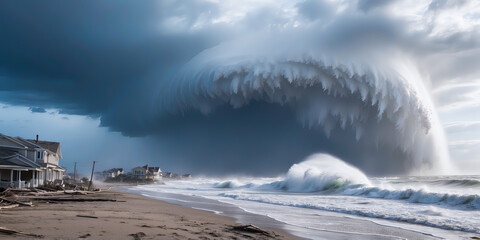 A colossal wave looms over beach houses, heralding an approaching storm across the coast.