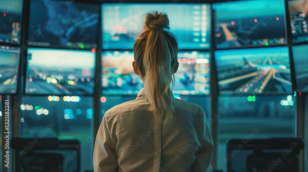 Poster woman observing multiple screens in a high-tech monitoring room with detailed data visualizations