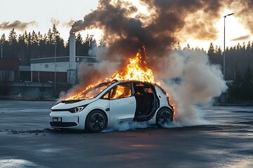Burning Electric Car Disaster Dramatic Fire Scene Near Industrial Plant