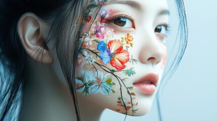 Beautiful Woman Portrait with Floral Face Art and Soft Lighting