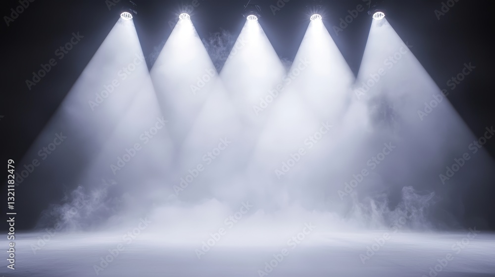 Poster a dimly lit stage illuminated by several spotlights, creating a dramatic atmosphere with fog swirlin