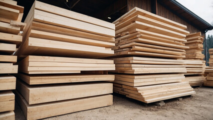 Fototapeta premium Neatly stacked lumber planks await use in construction projects or fine woodworking applications.