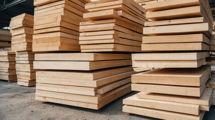 Fototapeta premium Neatly stacked piles of freshly cut lumber are ready for construction and woodworking use.