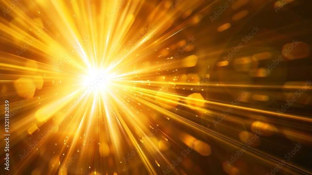 Poster bright explosion of golden light with radiating rays and sparkling particles in a dramatic backgroun