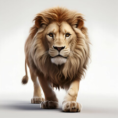 Fototapeta premium Majestic Lion, King Of The Savanna, Powerfully Striding Forward With A Regal Gaze, Against A Simple, Light Grey Background