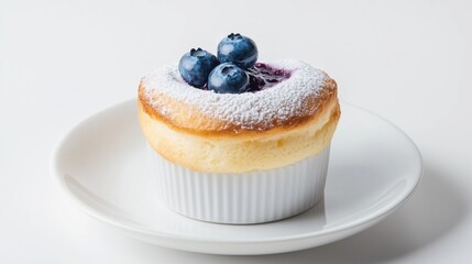 A warm and airy blueberry soufflé, freshly baked and perfectly risen in a classic white ramekin. 