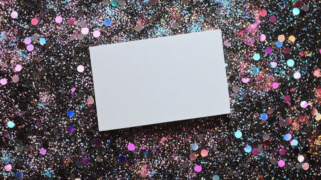 Blank card on iridescent glitter background. Perfect for invitations, announcements, or adding your own message!