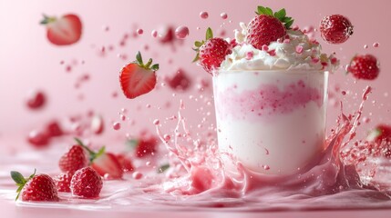 Yogurt cup splashing with flying strawberries on a vibrant pink background
