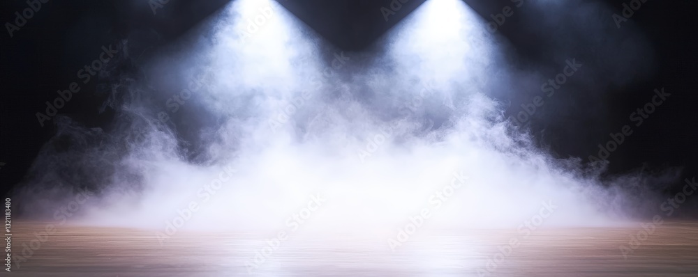 Poster a dramatic scene with spotlight beams illuminating a hazy stage, creating an atmospheric effect.