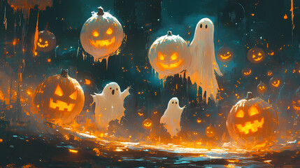 Enchanted Halloween Night with Floating Ghosts and Glowing Pumpkins Amidst a Spooky Forest