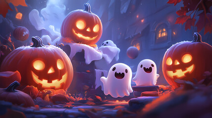 Whimsical Halloween Scene Featuring Friendly Ghosts and Jack-o'-Lanterns Amidst Autumn Leaves