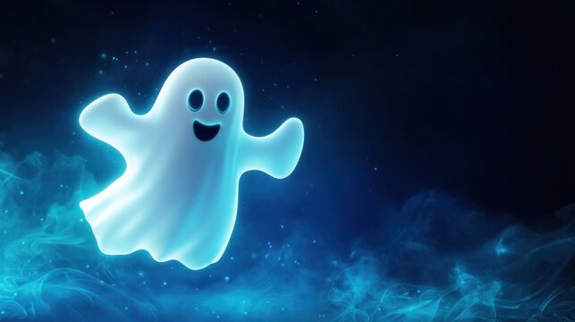 Spooky, floating ghost in a vibrant blue smoke background