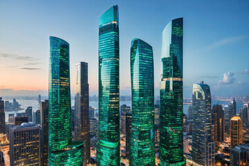 Fototapeta premium Aerial view of a modern cityscape features towering glass skyscrapers lit up against the evening sky.
