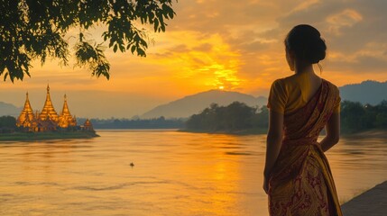 Fototapeta premium Serene Sunset Over Water with Woman in Traditional Dress