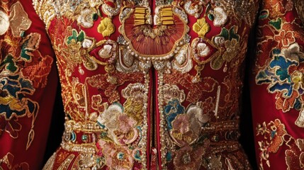 Intricate Red Embroidery Design on Traditional Cultural Garment