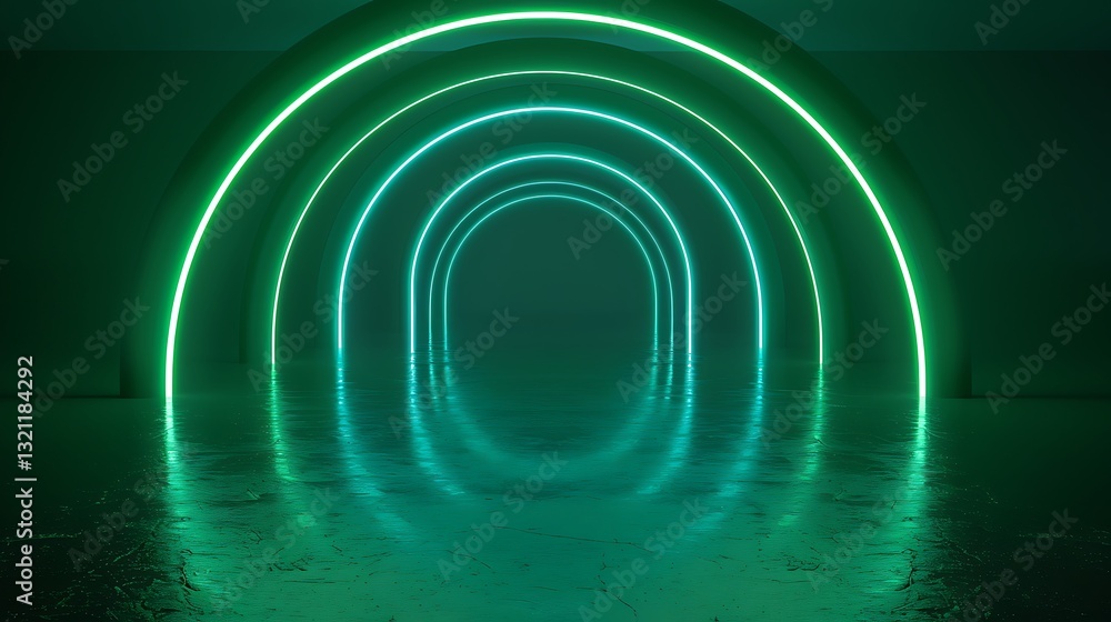 Poster futuristic neon arches creating a tranquil space with soft glow and reflections in a dark environmen