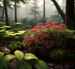 Red forest with mysterious red plants A large tree in the middle of a covered in leaves.generative ai