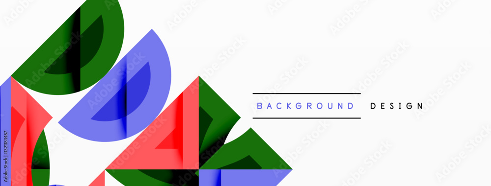 Poster Abstract geometric background with shapes, featuring circular and rounded elements. Bold contrast, smooth gradients, dynamic composition, futuristic style