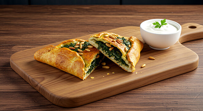 Middle Eastern fatayer with a golden crust, filled with spinach and pine nuts 