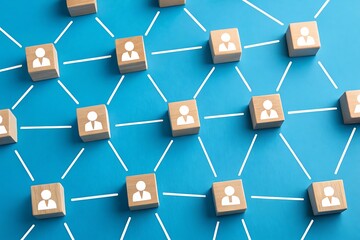 Blockchain network with interconnected blocks symbolizing decentralized data sharing, peer-to-peer transactions, and secure online connectivity