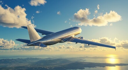 Obraz premium A sleek airplane soaring through a vibrant sunset sky over serene mountains and calm waters