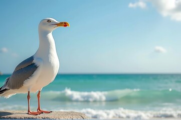 Fototapeta premium Seagull standing on rock by ocean shoreline on a sunny day