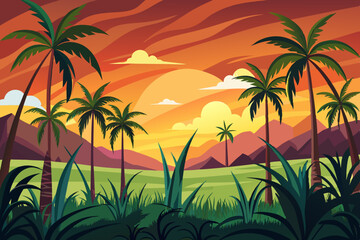 sugarcane field under a tropical sunset, with palm trees swaying in the breeze.