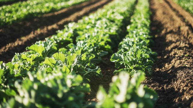 Close-up of collard greens growing in neat rows on a sunny farm, ready to be harvested.
