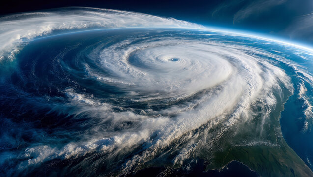 Dramatic aerial view of a massive hurricane swirling over the ocean, a powerful weather phenomenon.