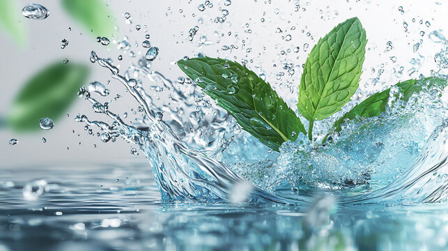 Refreshing mint leaves splashing in clear blue water cool pure herb green clean plant drink image