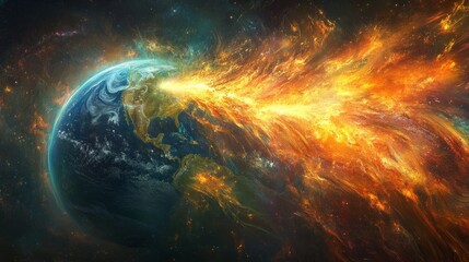 Obraz premium A galactic perspective of Earth splitting into glowing, fiery fragments 