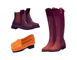 Set of Autumn Shoes. Chelsea Shoes, Loafers and Knee High Boots Readings. Women Footwear. Vector Illustration in Cartoon Style.