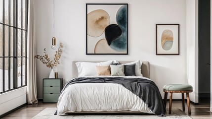 Generative AI, Minimalist Contemporary Bedroom with Abstract Art and Cozy Textures