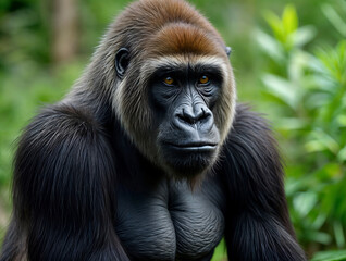 Obraz premium Gorilla gazes thoughtfully while resting in a lush green environment during the bright afternoon light