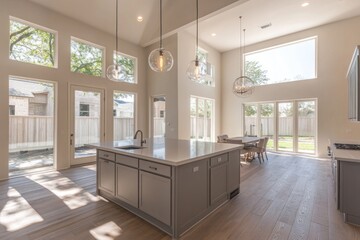 Modern kitchen island, open concept, sunlit home, backyard view
