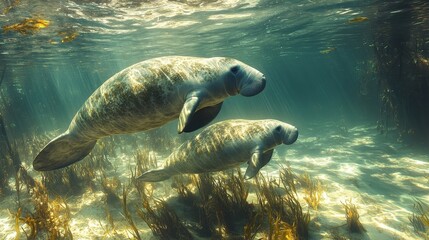 Pair of Gray Manatees Swim Elegantly in Murky Ocean Water with Sun Rays Peeking Through Sand Bed