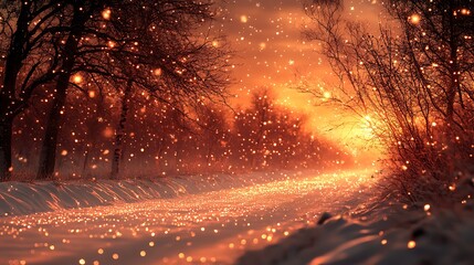Naklejka premium Magical Winter Sunset Snowfall on a Sparkling Country Road