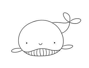 Cute whale, line sea animal doodle illustration for children. Vector nautical drawing for coloring book