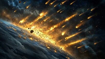 A glowing Earth disintegrating in space, surrounded by meteors and dust 
