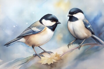 Obraz premium Watercolor black capped chickadee birds painting on white background