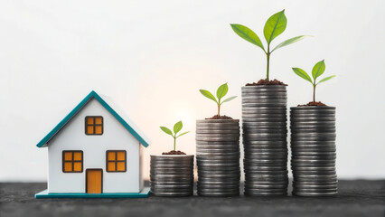 Investment real estate diversification concept. Growing investments represented by a house and stacked coins with plants.